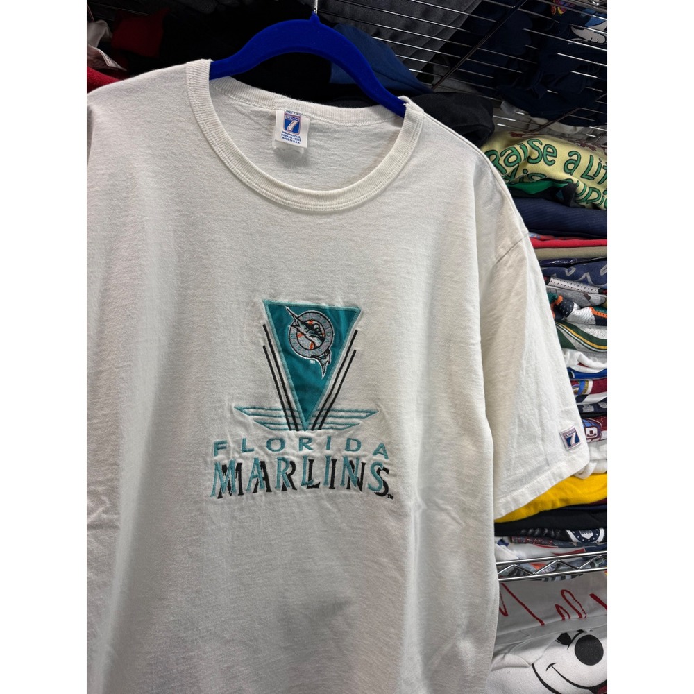Vintage 90s Florida Marlins Logo 7 Shirt Mens White Single Stitch Made USA MLB